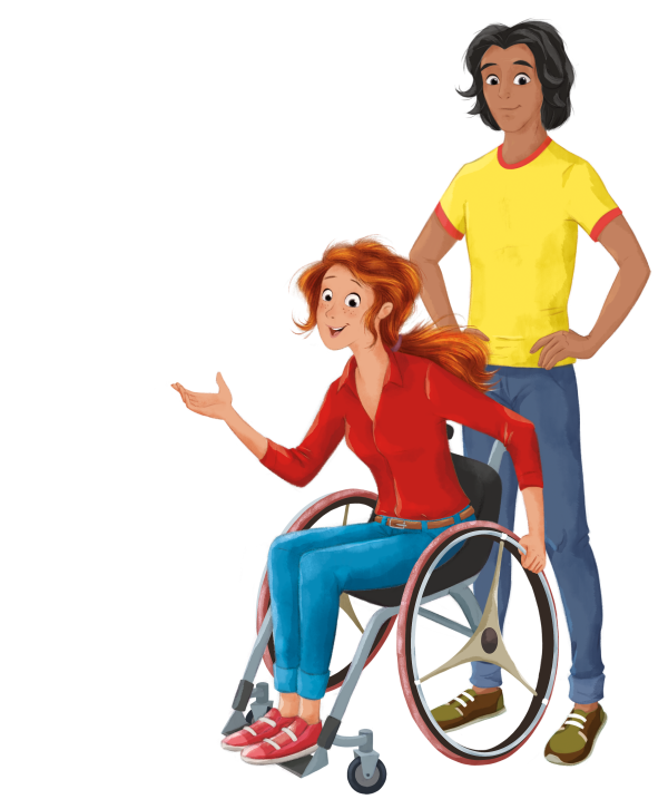 Illustration - Elea im Rollstohl und Ravi steht dahinter